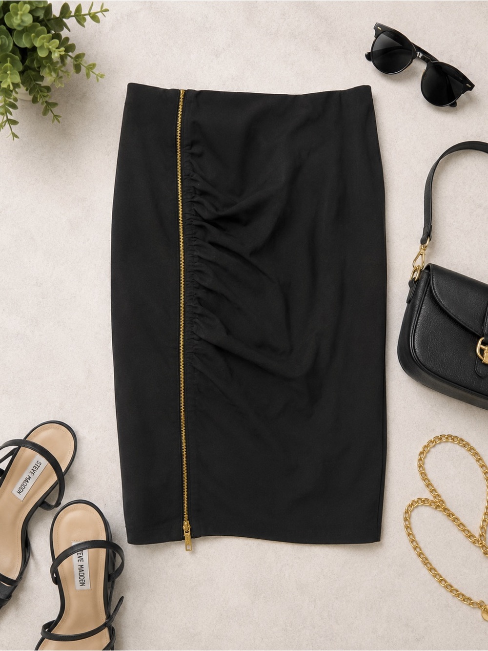 Christian Siriano Black Pencil Skirt with Gold Zip Detail